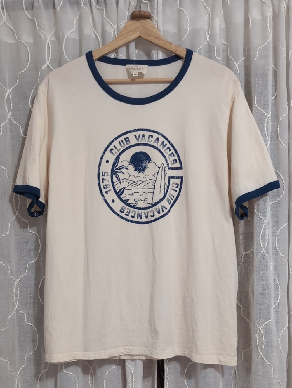 Sezane XXL Cream Blue Ringer Tee Shirt 1975 Club Vacances Resort Knit